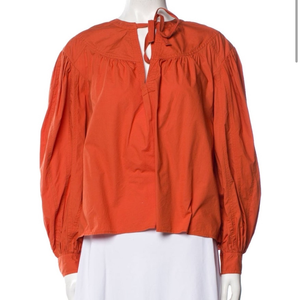 Ulla Johnson orangeTie Neck Long Sleeve Cotton Blouse (Size M / US 6)